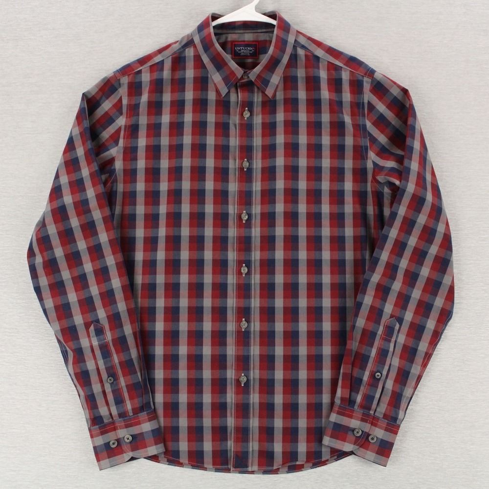 Untuckit Pomerol Shirt Mens Medium Slim Fit Red Blue Gray Check Long Sleeve